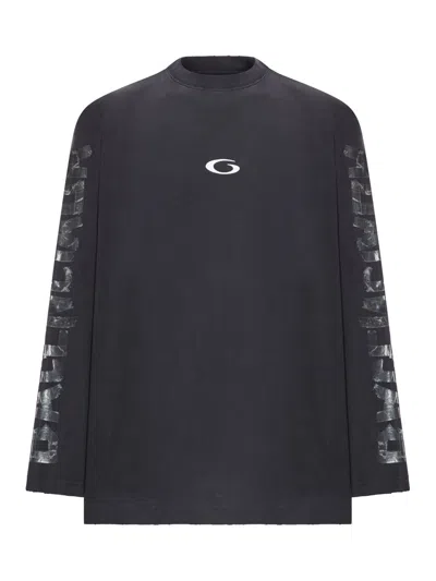 Balenciaga Men Long-sleeved T-shirt With Transparent Ribbon In Blue