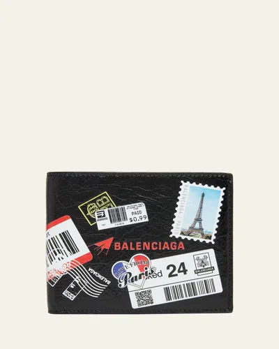 Balenciaga Men's Mail Artwork Cash Square Bifold Wallet In Black
