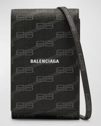 Balenciaga Men's Monogram Coated Canvas Phone Holder In Black