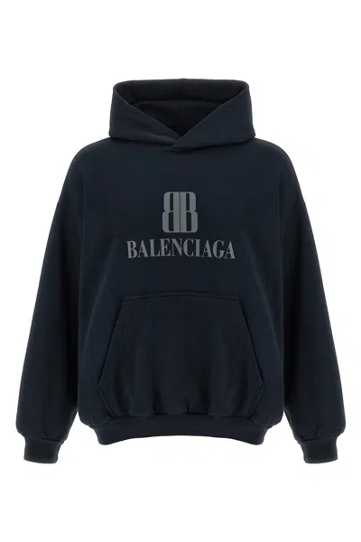 Balenciaga Black Hoodie With Fixed Hood And Logo Lettering On The Front In Cotton Man In Blue