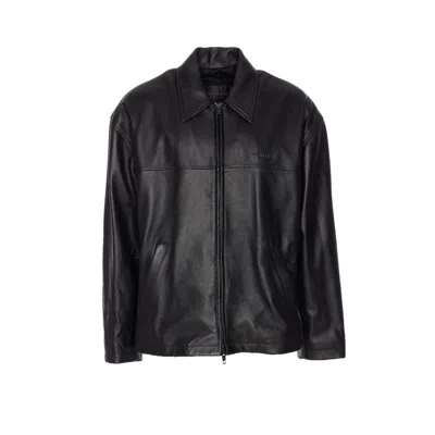 Balenciaga Leather Jacket With Embossed Logo And Pockets In Black