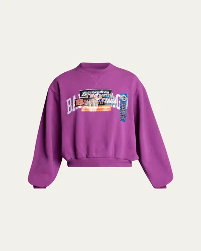 Balenciaga Men's Overlapping Logo Crewneck Sweatshirt In Purple
