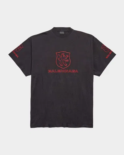Balenciaga Men's Oversized Crest Logo T-shirt In 8478 Washed Black/red