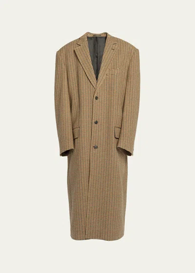 Balenciaga Men's Oversized Houndstooth Wool Overcoat In Brown