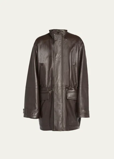 Balenciaga Men's Oversized Leather Coat In Brown
