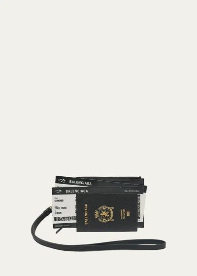 Balenciaga Men's Passport Zip Wallet With Strap In Black