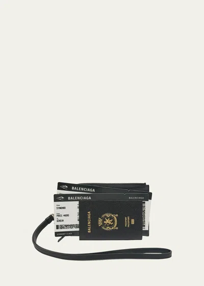 Balenciaga Men's Passport Zip Wallet With Strap In Noir