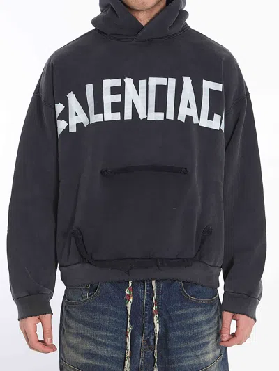 Balenciaga Men Ripped Pocket Tape Type Hoodie In Black
