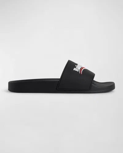 BALENCIAGA MEN'S RUBBER LOGO POOL SLIDES