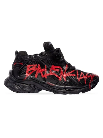 Balenciaga Men's Runner Graffiti Sneakers In Black