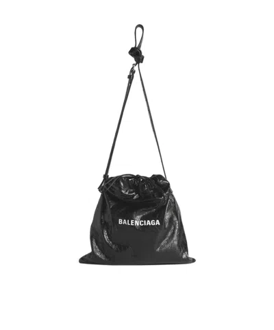 Balenciaga Shopper Cracked-leather Pouch In Black