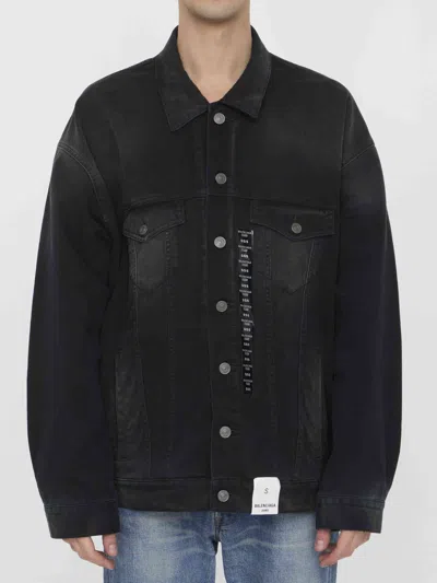 Balenciaga Men Size Sticker Denim Jacket In Black