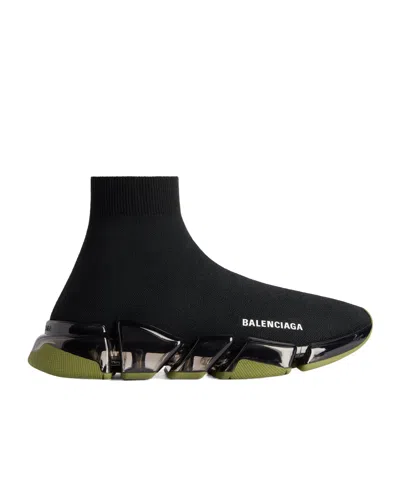 Balenciaga Men's Speed 2.0 Full Clear Sole Recycled Knit Sneaker In Black/khaki