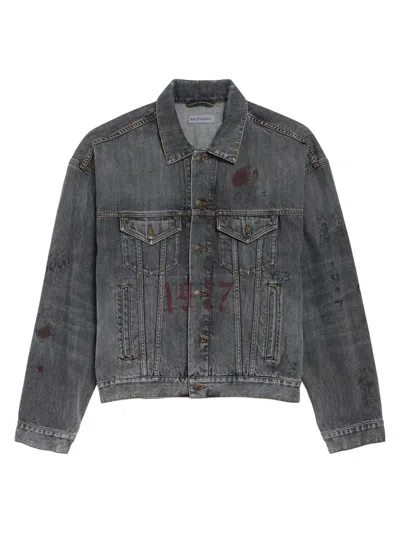 Balenciaga Tattoo-print Denim Jacket In Gray