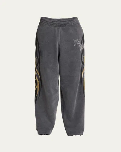 Balenciaga Men's Terry Metallic Tattoo Flare Sweatpants In Super Faded Wash Blk