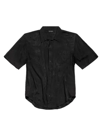 Balenciaga Men's Tropical Flowers Minimal Short Sleeve Shirt In Black