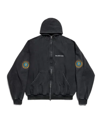 Balenciaga Men's Uniform Patch Zip-up Hoodie Large Fit In Black Faded