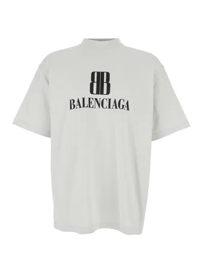 Balenciaga Men White Crewneck T-shirt With Logo Print On The Front In Cotton Man