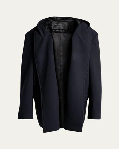 Balenciaga Men's Wool Oversized Hooded Short Coat In Blue