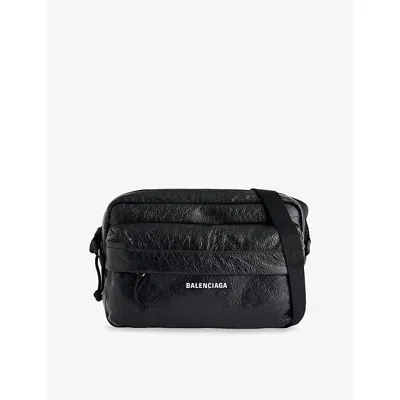 Balenciaga Mens Black Logo-print Zip-pocket Leather Camera Shoulder Bag