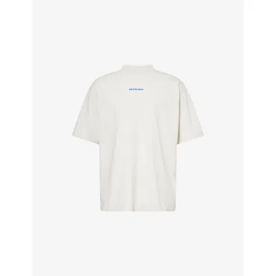 Balenciaga Mens Embroidered-logo Regular-fit Cotton T-shirt Dirty Wht/sport Blue