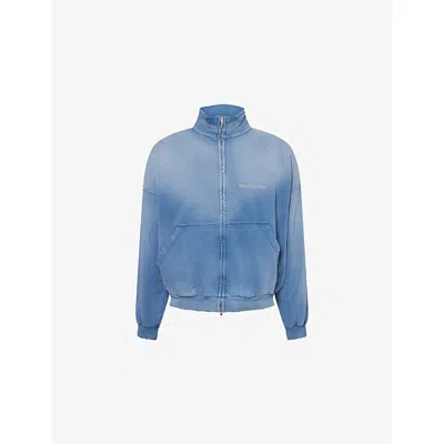 Balenciaga Mens Faded Blue Embroidered-text Faded-wash Cotton-jersey Jacket