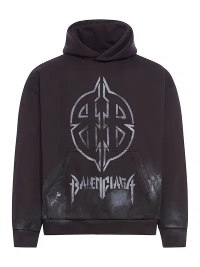 BALENCIAGA MEN`S HOODIE METAL BB STENCIL MEDIUM FIT IN BLACK/WHITE