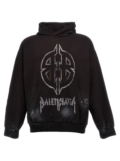 Balenciaga Metal Bb Stencil Vintage Cotton Hoodie In Black