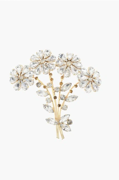 Balenciaga Metal Brooch With A Floral Design Adorned With Jewels In Gold