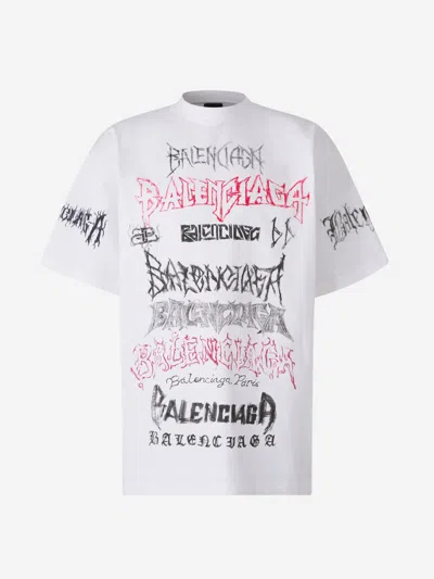 Balenciaga T-shirts And Polos White In Metal Logo Motif Printed On The Front, Sleeves And Back