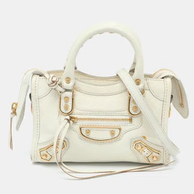 Pre-owned Balenciaga Metallic Edge Classic City Nano White Leather Tote
