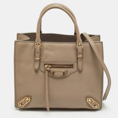 Pre-owned Balenciaga Metallic Edge Papier A4 Mini Beige Leather Tote In Sand