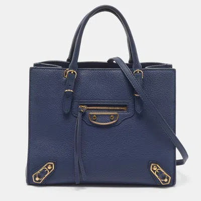 Pre-owned Balenciaga Metallic Edge Papier A4 Mini Navy Blue Leather Tote