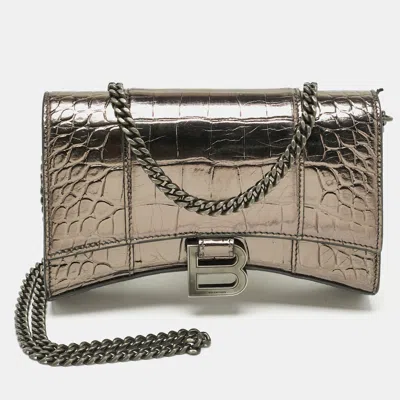 Pre-owned Balenciaga Metallic Grey Croc Embossed Leather Hourglass Wallet On Chain In Gray
