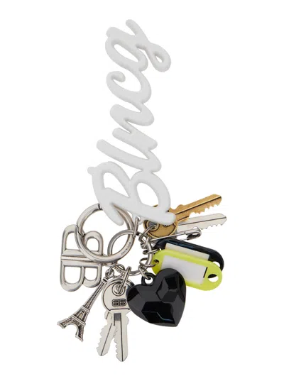 Balenciaga Metallic Keyring With Heart Charm And Logo Charm In Brass Blend Woman In Multicolor