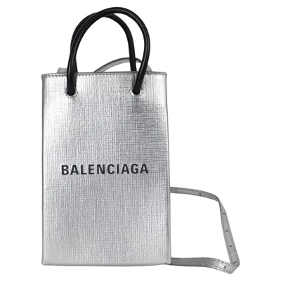 Pre-owned Balenciaga Metallic Silver Leather 2019 Mini Shopping Tote Phone Case Bag