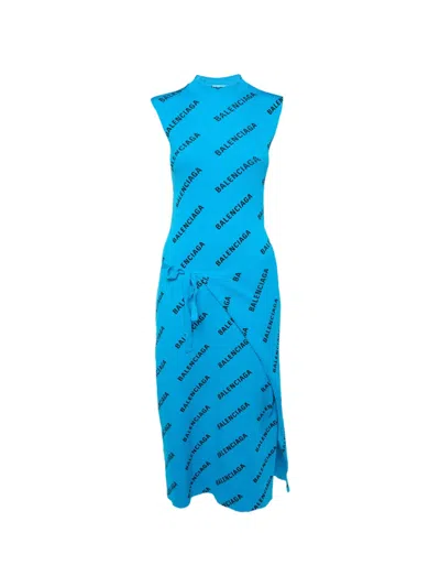 Pre-owned Balenciaga Midi Logo-print Wrap Dress In Blue