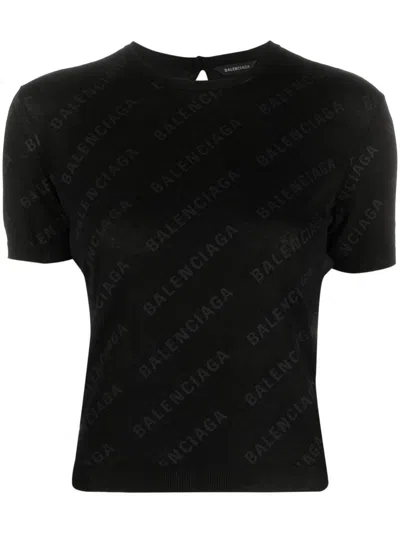 Balenciaga Logo-print Cotton Knitted Top In Black