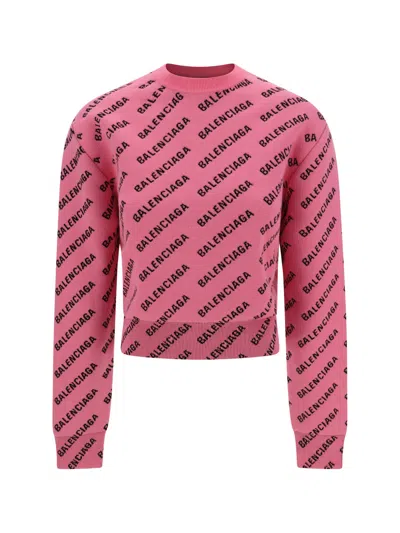 Balenciaga Logo Jacquard Cotton-blend Sweater In Pink/black