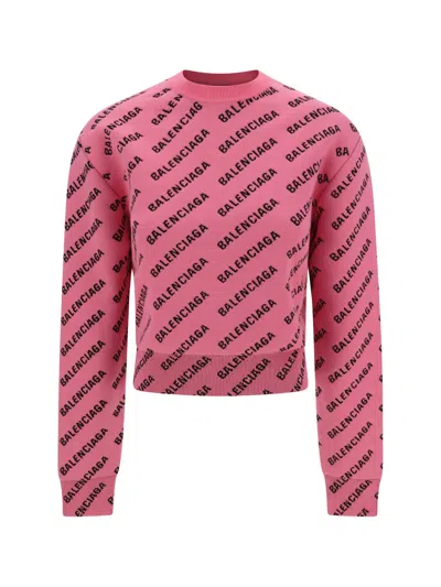 Balenciaga All Over Logo Cotton Blend Sweater In Pink