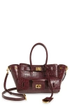Balenciaga Mini Bel Air Croc Embossed Leather Carry All Tote In Burgundy