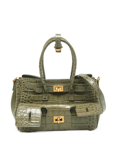 Pre-owned Balenciaga Mini Bel Air Croc-embossed Tote Bag In Green