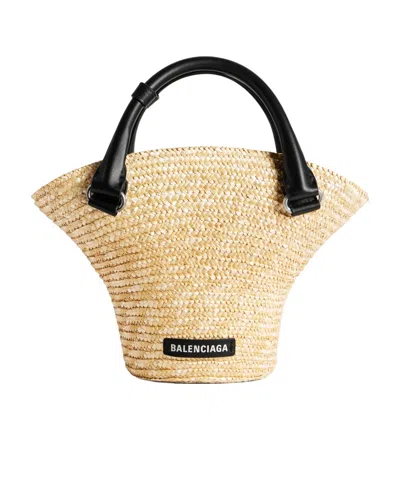 Balenciaga Mini Braided-raffia Tote Bag In Nude