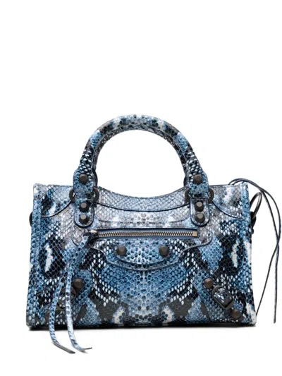 Balenciaga Mini City Snakeskin-effect Tote Bag In Blue