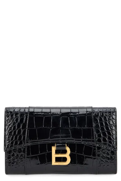 Balenciaga Mini Croc-effect Flap Clutch With Gold-tone Detail In Black