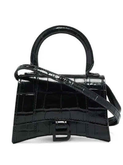 Pre-owned Balenciaga Mini Hourglass Croc-embossed Tote Bag In Black