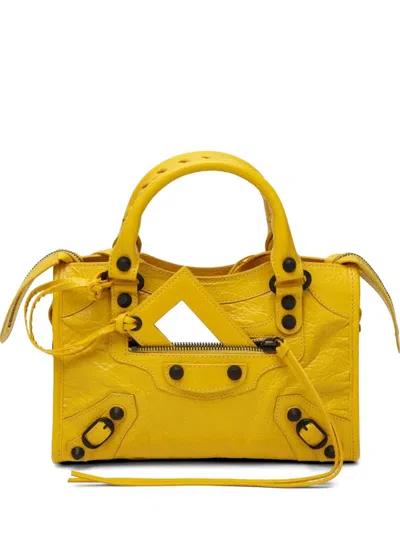 Balenciaga Mini Le City Crinkled-leather Whipstitch Tote Bag In Yellow