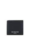 Balenciaga Men Black Bi-fold Wallet With Logo Lettering On The Front In Grained Leather Man In Black