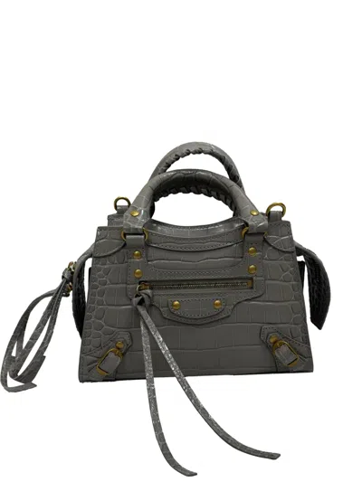 Pre-owned Balenciaga Mini Neo Classic City Croc-embossed Handbag In Gray