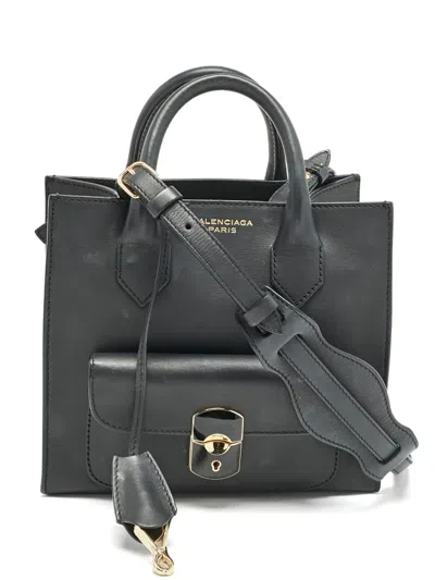 Pre-owned Balenciaga Mini Padlock Leather Pocket Tote Bag In Black